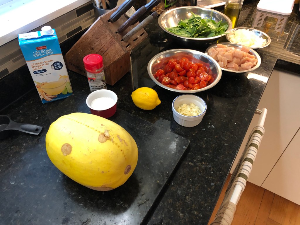 It takes only a few ingredients to pull this terrific dish together: diced chicken breast, spaghetti squash, spinach lemon and cherry tomatmoes