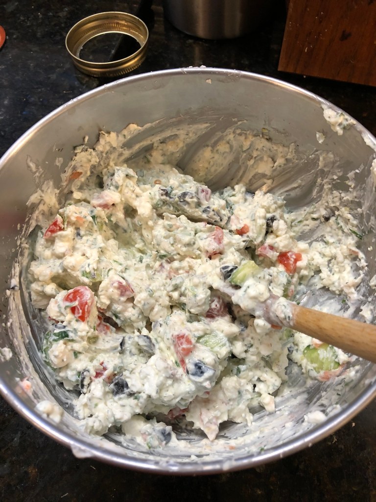 Finally, fold in chopped Feta and it's ready to serve.  The dip keeps well in an airtight container in the fridge for 2 or 3 days