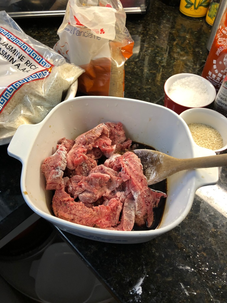 I'll add seasoned meat that's been 'cornstarched' to a marinade that may actually be a sauce for a finished dish. Then I'll stir fry that meat to brown it. 